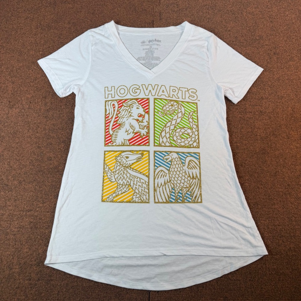 Harry Potter Hogwarts House Crest V-Neck Graphic Tee White Medium JT16980